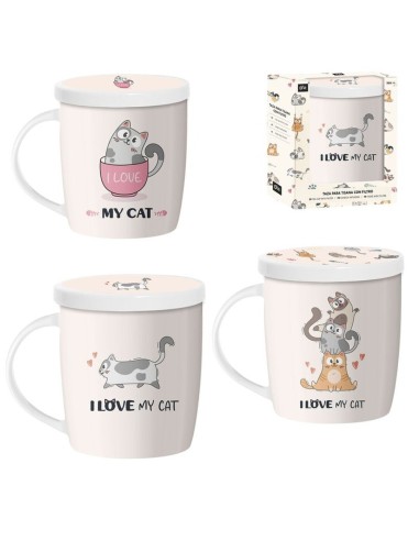 Taza de Cerámica con Tapa y Filtro para Infusiones – Diseño de Gatos